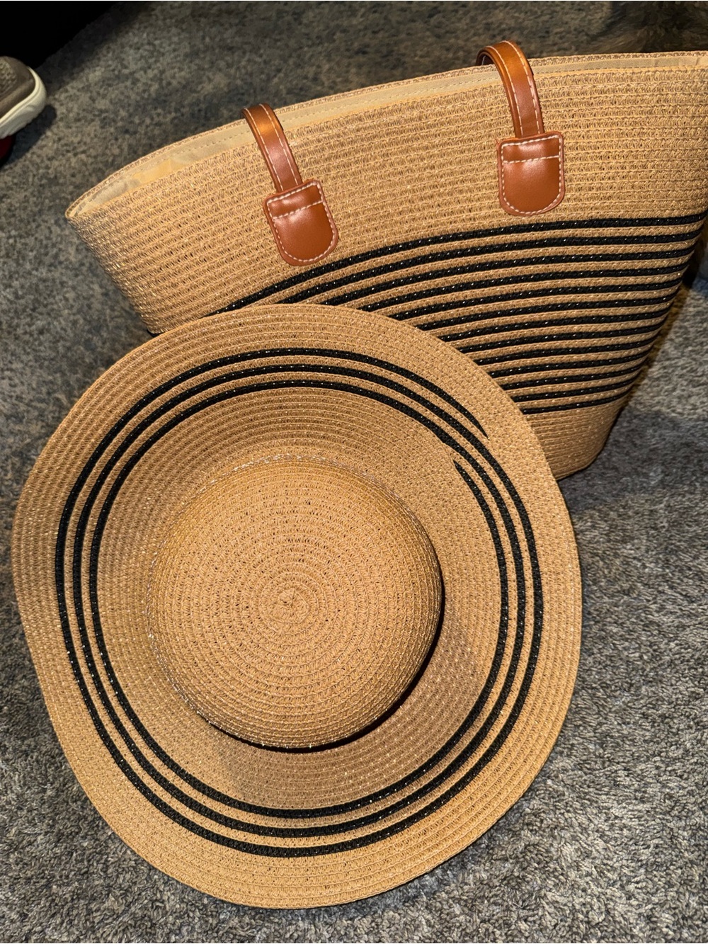 Straw Sun Hat and Tote Set with Black Stripe Detail